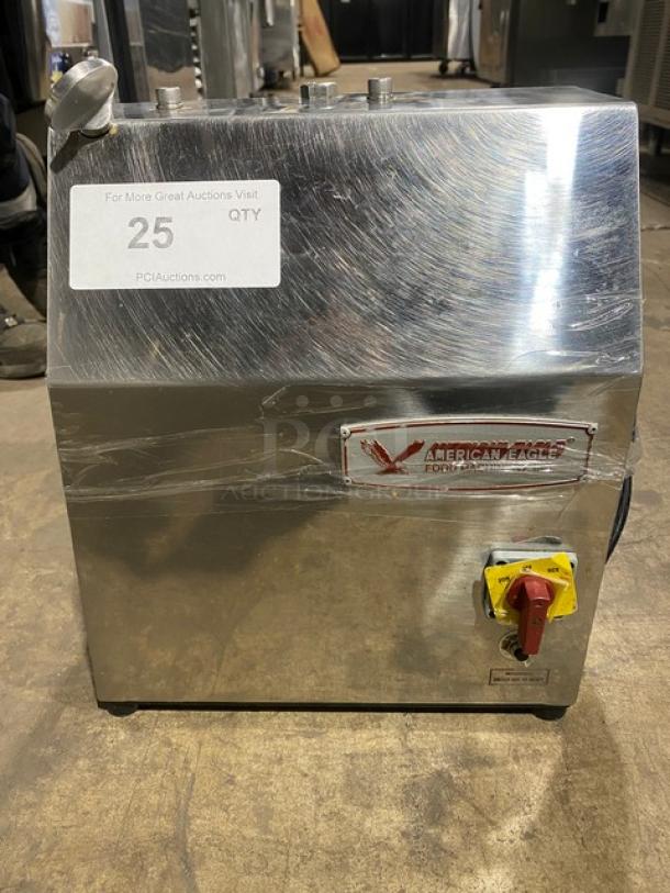 American Eagle AE-G22N stainless steel meat grinder, electric-powered bench model, on legs, 115V, 1 phase, visible controls.