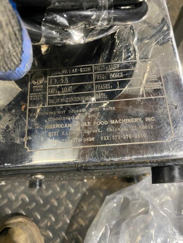 American Eagle AE-G22N Stainless Steel Electric Meat Grinder, 115V, 1 Phase, Serial 22N2308169, on legs.