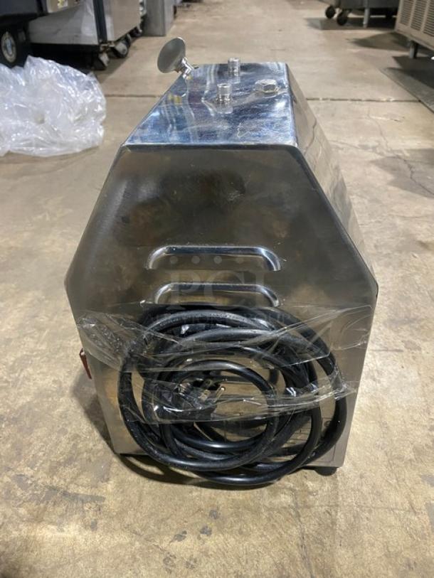 American Eagle AE-G22NM motor unit, stainless steel, #12 hub, 115V, 1 phase, on legs, wrapped power cord, model/serial details visible.