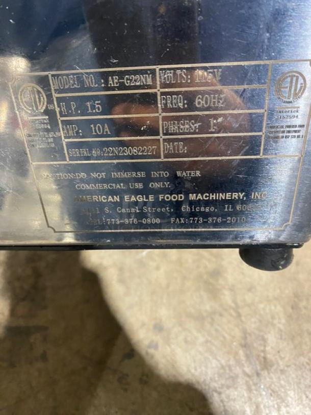 American Eagle commercial stainless steel motor unit, model AE-G22NM, #12 Hub, 115V, 1 phase, on legs, visible serial number 22N23082227.