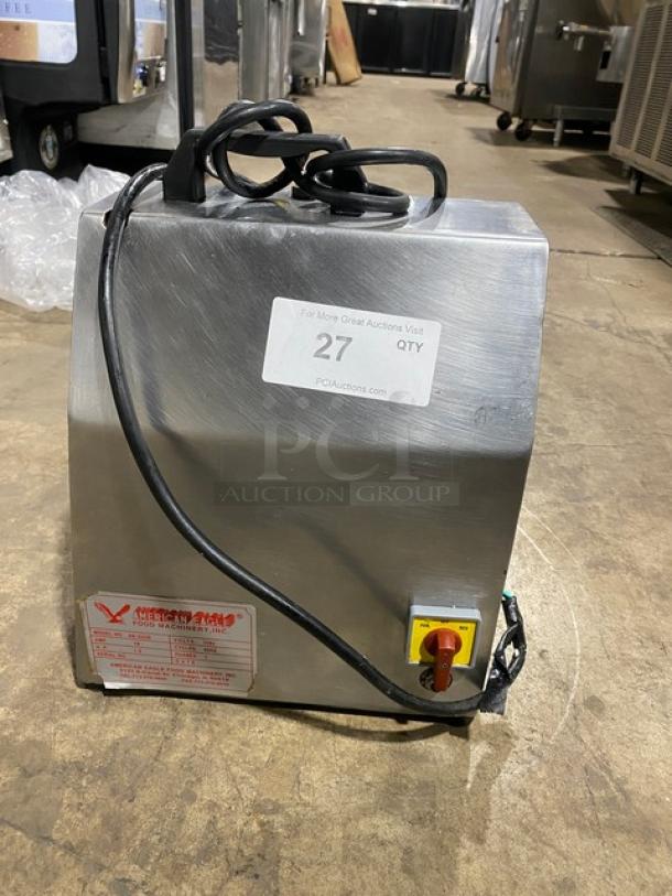 American Eagle AE-G22N stainless steel electric meat grinder, 115V, 1 phase, bench model with power switch and labels.