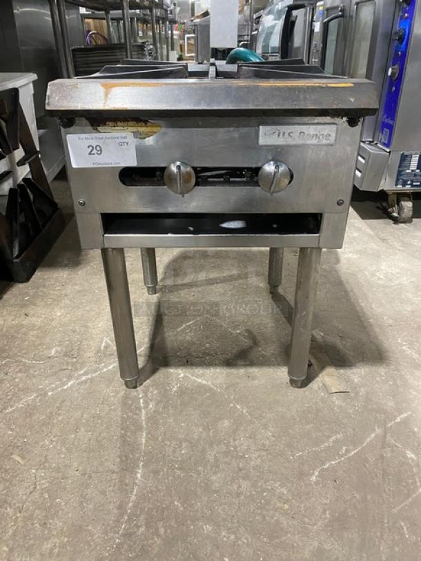 U.S. Range stainless steel single burner stock pot range, natural gas powered, with gas hose connection, on legs.