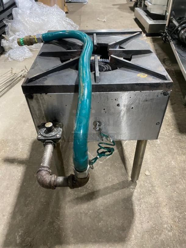 U.S. Range stainless steel single burner stock pot range, natural gas powered, includes gas connection hose, on sturdy legs.