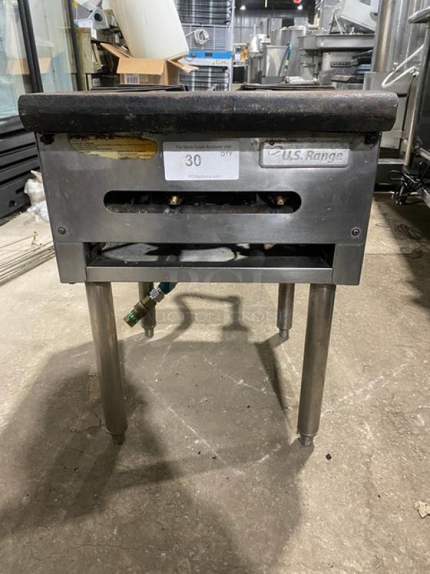 U.S. Range stainless steel single burner stock pot range, natural gas powered, with gas connection hose, on legs.
