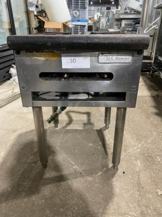 U.S. Range stainless steel single burner stock pot range, natural gas powered, with gas connection hose, on legs.