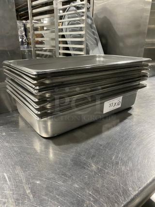 Winco SPJM-104 stainless steel full-size anti-jam steamtable pans. Stack of 10 pans. Used condition.