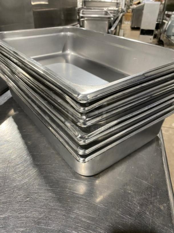 Winco SPJM-104 stainless steel anti-jam hotel pan, full-size, commercial-grade, stacked, excellent condition.