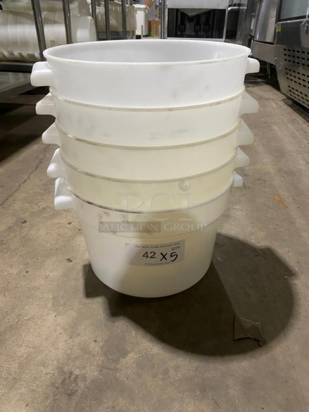 Commercial white round food storage container with handles, stack of five, used condition, labeled "42 X 5" on the side.