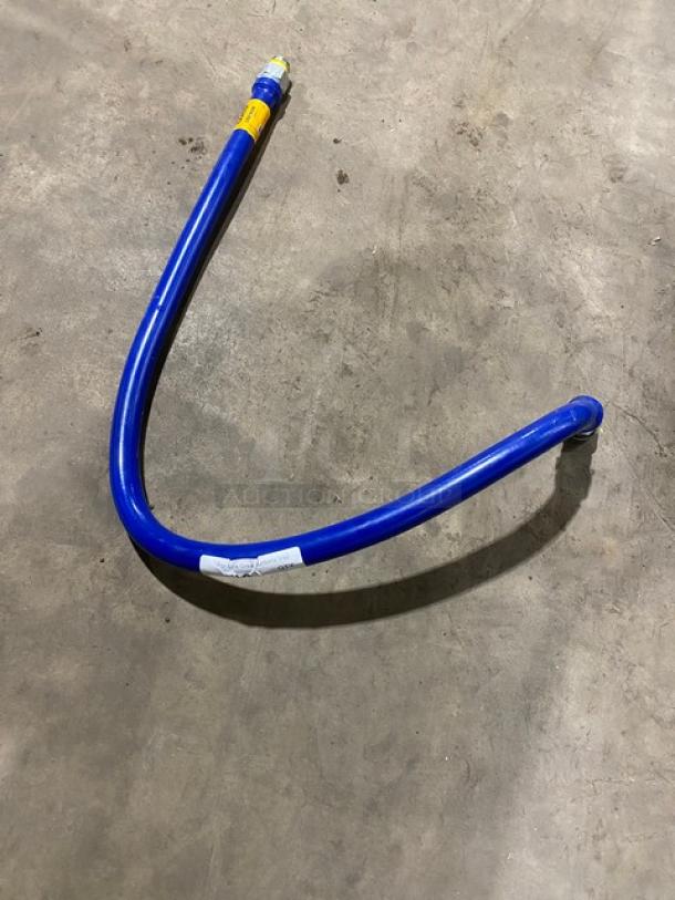 Dormont commercial blue gas connector hose, flexible, durable, with visible label and fittings. Suitable for commercial use.