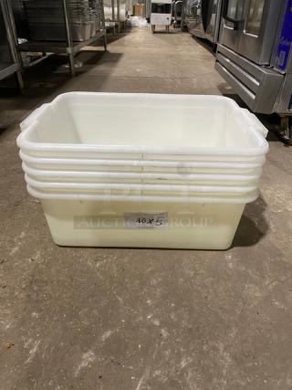 Commercial white rectangular food storage container with handles. Durable plastic, stackable. Label indicates batch "46 X 5".