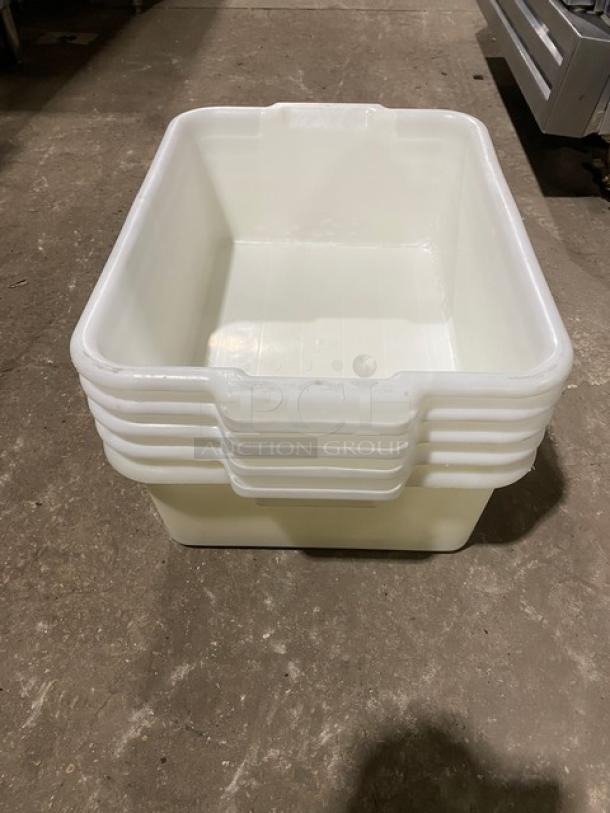 Commercial white rectangular food storage container with handles, stackable design, durable plastic, lightly used condition.