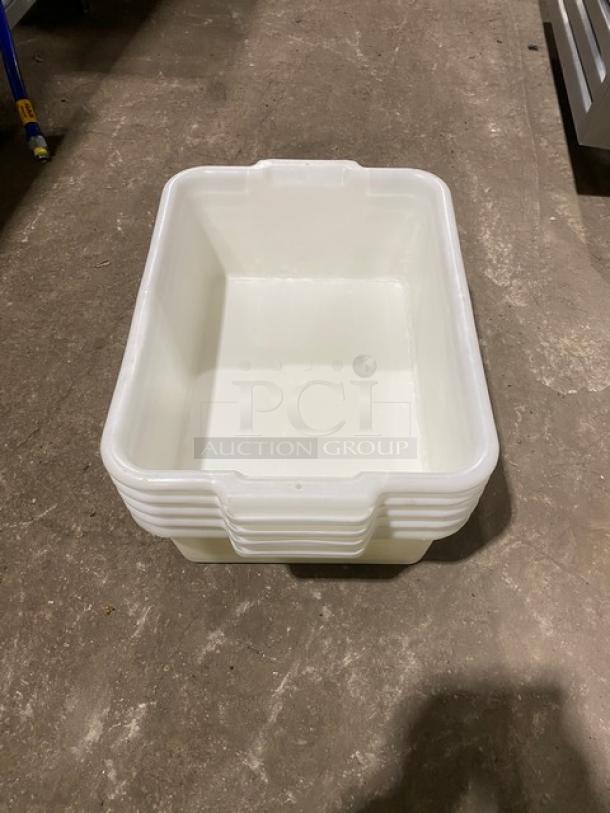 Commercial white rectangular food storage container with handles, stackable design, durable plastic, excellent condition.