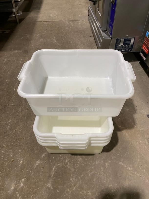 Commercial white rectangular food storage container with handles, stacked, durable plastic, ideal for kitchen or restaurant use.