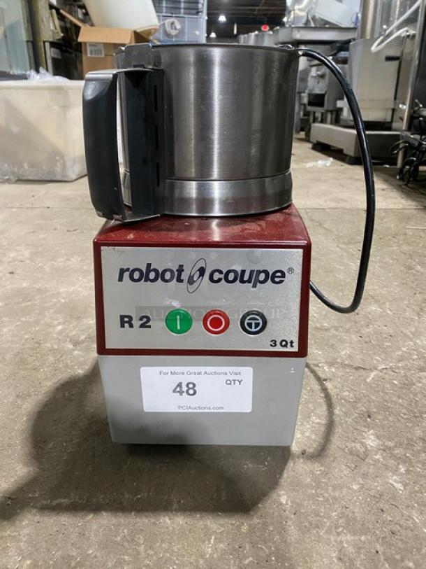 Robot Coupe R2U Commercial 3 Qt. Food Processor, electric countertop model, stainless steel bowl, 120V, good condition.