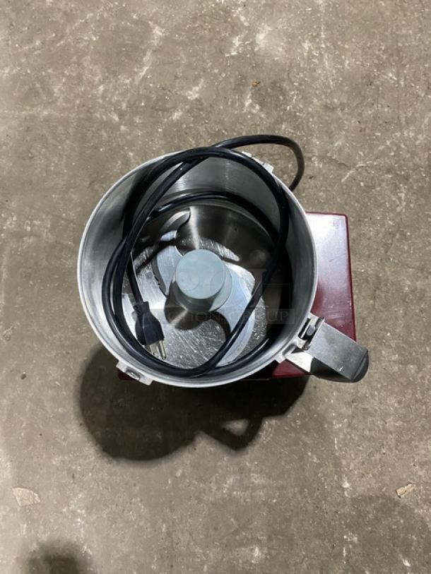 Robot Coupe R2U commercial food processor, 3 qt capacity, stainless steel bowl, visible blade, good condition, 120V.
