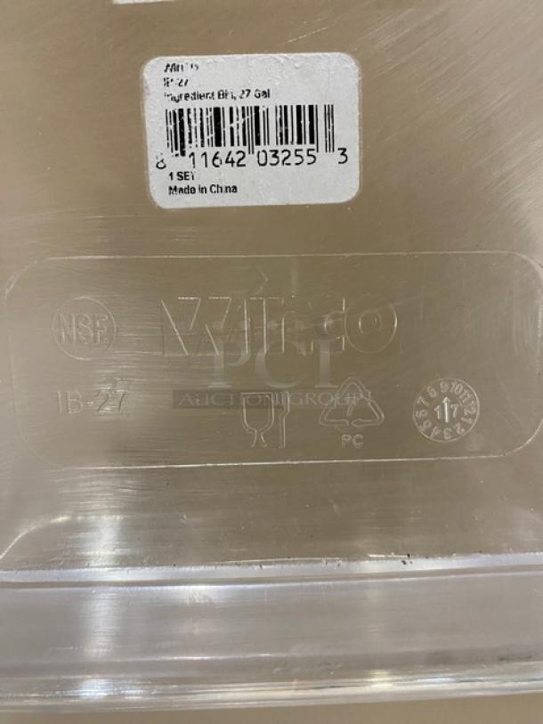 Winco Commercial White Ingredient Bin, 27-gallon, with clear lid, on casters. Marked NSF, Made in China.