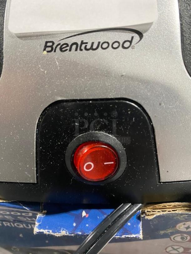 Brentwood TS1001 2-Stage Knife Sharpener, electric, 120V, commercial grade, visible brand logo and power switch.