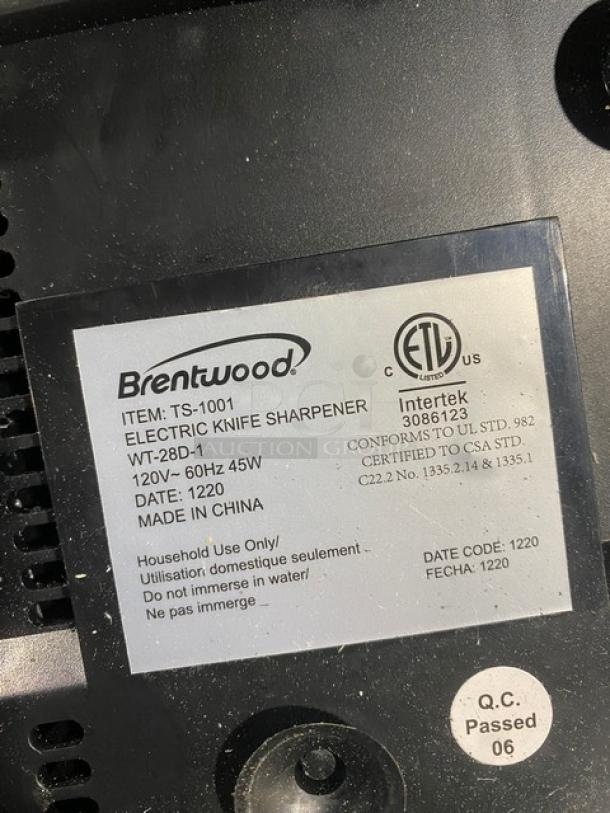 Brentwood commercial electric knife sharpener, model TS1001, 120V, 2-stage, labeled for household use only, made in China.