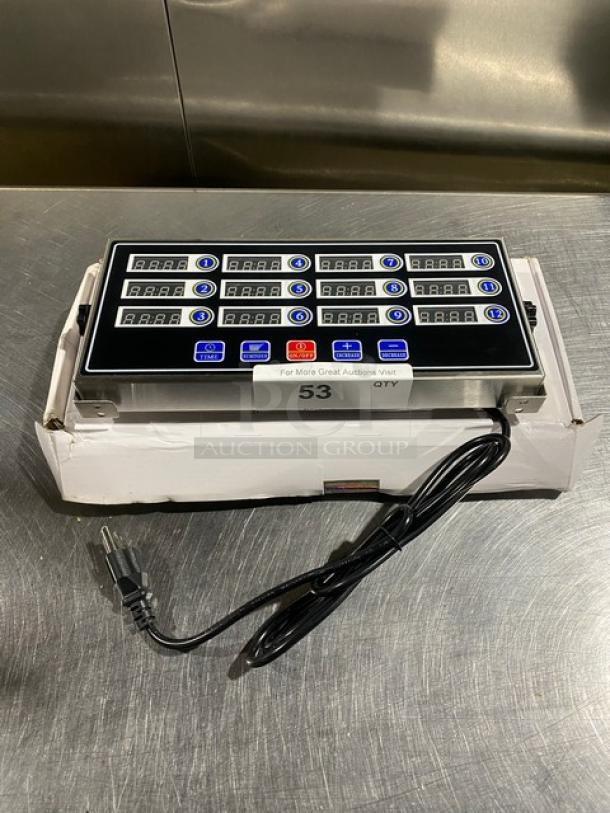 Yooyist JSQ012 stainless steel 12-channel digital kitchen timer, new in box, with power cord. Model: JSQ012, 110V.