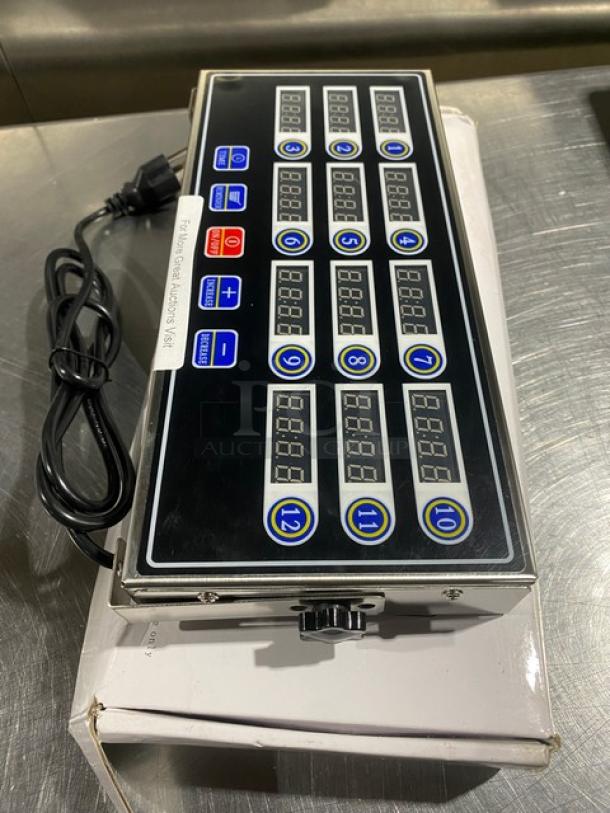 Yooyist JSQ012 12-channel digital kitchen timer, stainless steel, in box, 110V, with control panel, power cord attached.