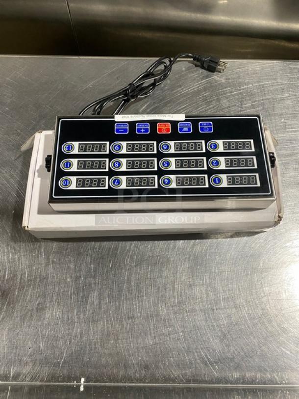 Yooyist 12-Channel Digital Kitchen Timer, Model JSQ012, stainless steel, new in box, 110V, with control panel and cable.