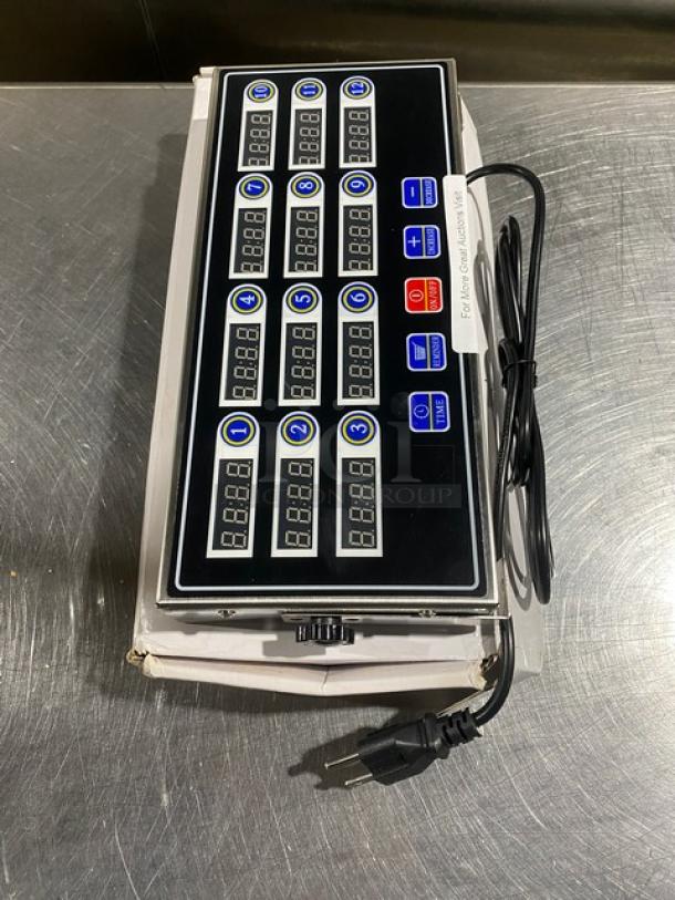 Yooyist Commercial Stainless Steel 12-Channel Digital Kitchen Timer, Model JSQ012. New condition, 110V, original packaging.