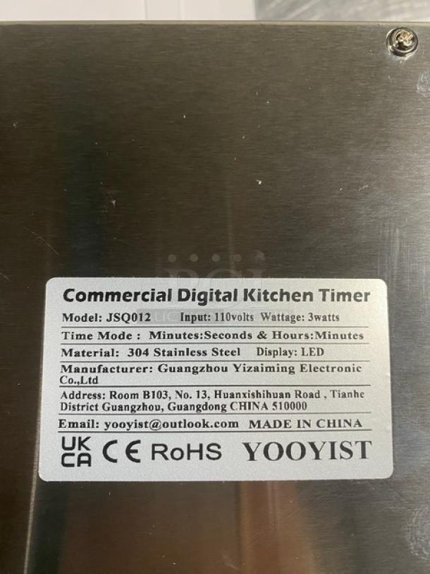 Yooyist JSQ012 12-Channel Digital Kitchen Timer, stainless steel, LED display, 110V, 3 watts, new condition, boxed.
