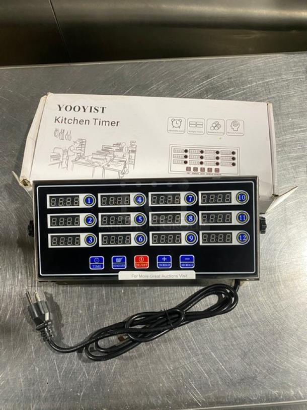 Yooyist JSQ012 12-Channel Digital Kitchen Timer, stainless steel, new in box, 110V, plug included, commercial use.