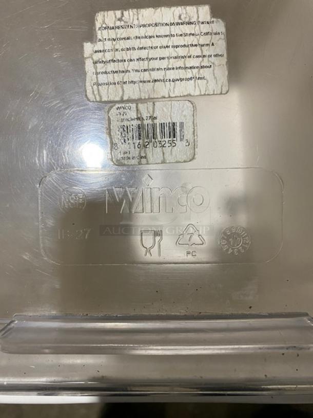 Winco commercial white ingredient storage bin with clear lid, on casters, features logos for food safety and recycling.