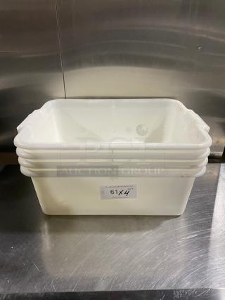 Commercial white rectangular food storage container with handles. Durable plastic. Label reads "61 X 4". Ideal for bulk use.