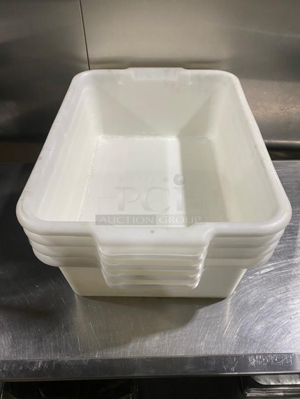 White rectangular commercial food storage container with handles, in good condition, stackable design, perfect for bulk use.