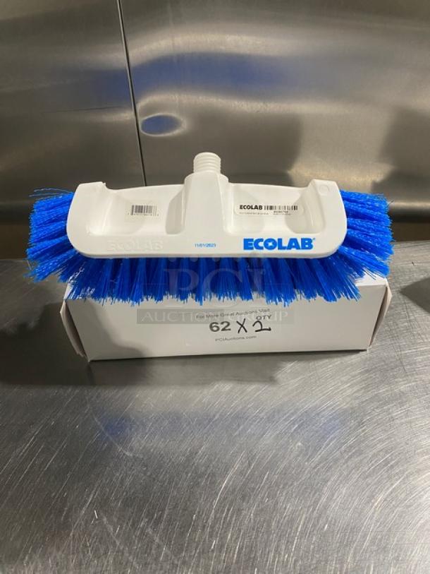 Ecolab dual surface deck brush with blue bristles, white handle, new in box, model label visible, bid doubles item quantity.