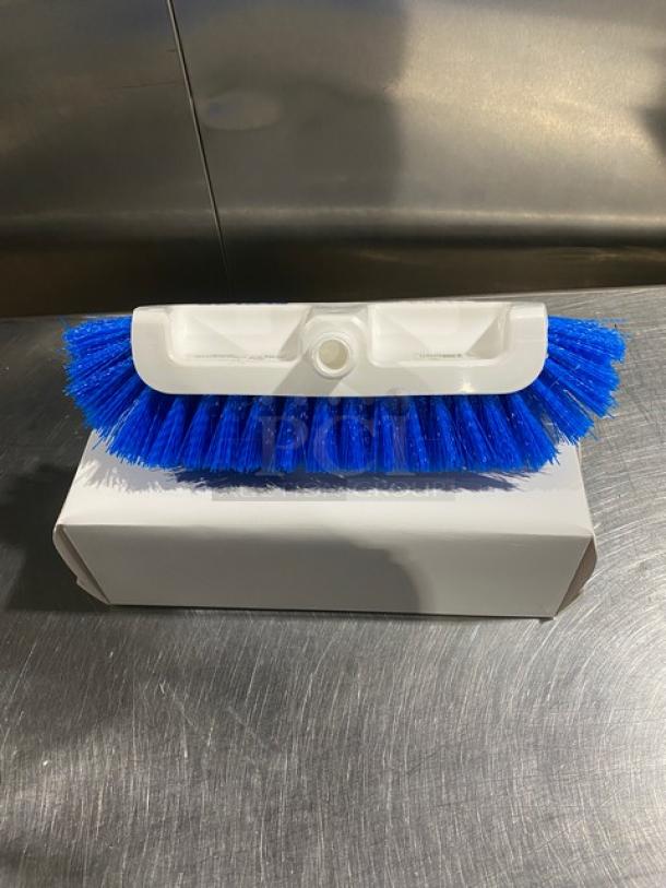 Ecolab white dual surface deck brush with blue bristles, in box. New condition, commercial-grade cleaning tool.