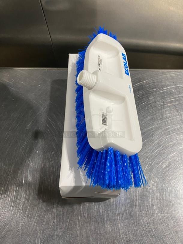 Ecolab dual surface deck brush with blue bristles, white handle, new in box. Model marked with Ecolab branding.