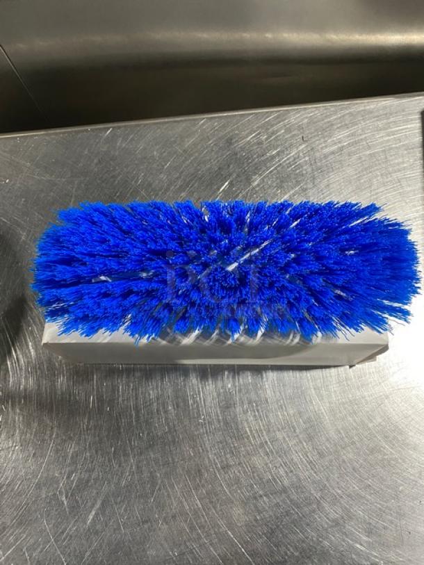 Ecolab Commercial Dual Surface Deck Brush, white base, blue bristles, new condition.