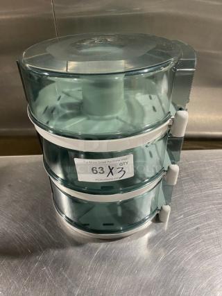 Wisconsin Tissue smoke gray paper-roll tissue dispenser, commercial model, stacked design, good condition, label marked "63 X 3".