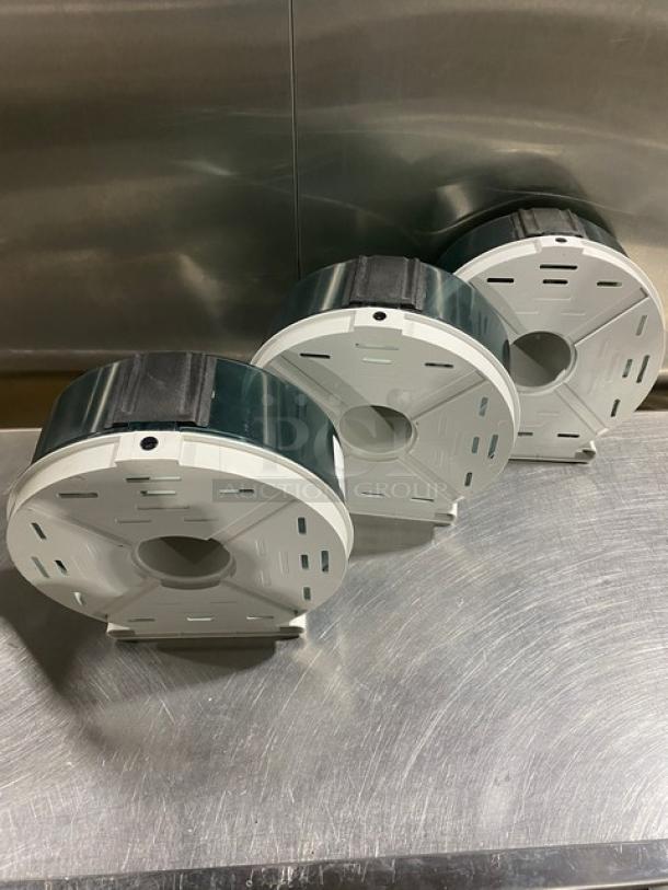 Wisconsin Tissue Smoke Gray Paper-Roll Dispensers, set of 3, durable plastic, commercial use, excellent condition.