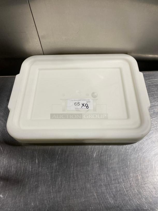 White rectangular food storage container with handled lid, commercial grade. Label reads "65 QTY." 8X auction listing.