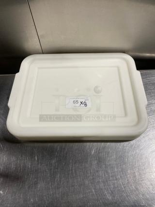 White rectangular food storage container with handled lid, commercial grade. Label reads "65 QTY." 8X auction listing.
