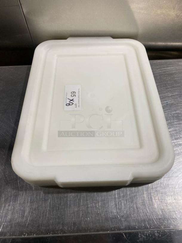 Commercial white rectangular food storage container with handled lid. Condition appears excellent. Label reads "8X Your Bid."
