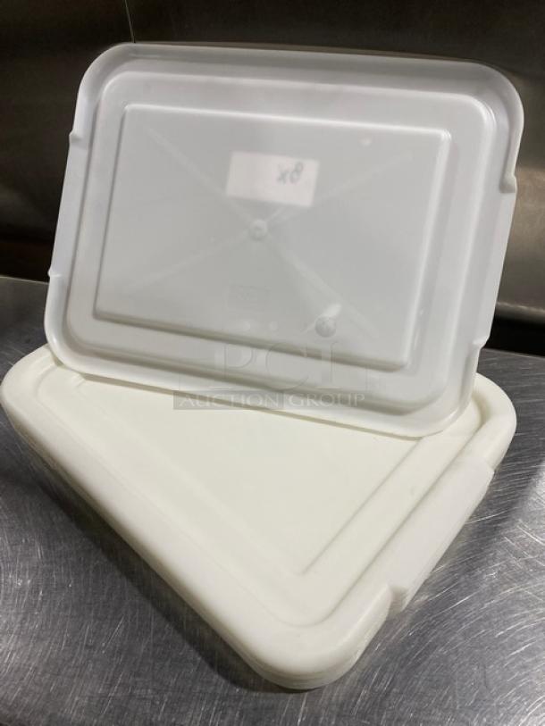 White rectangular commercial food storage container with handled lid, clean condition, features tag marking "x8" indicating quantity per bid.