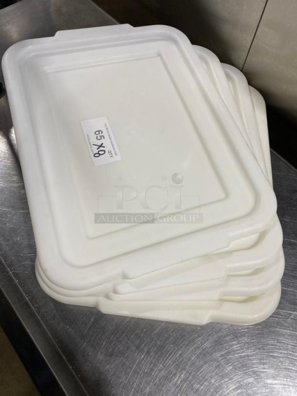 Commercial white rectangular food storage lids with handles. Stack of eight. Label indicates “8X Your Bid!”