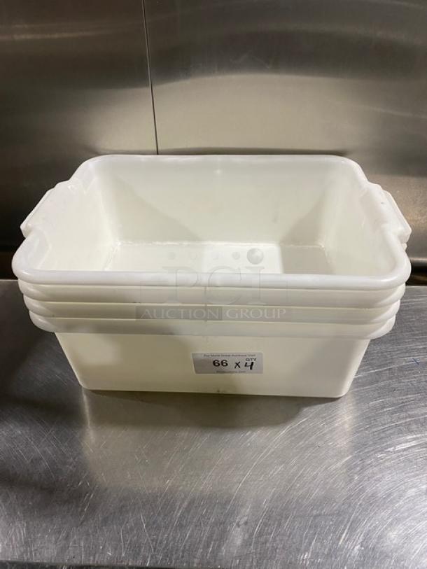 White rectangular food storage container with handles; commercial use; stackable design; label reads "66 x 4."