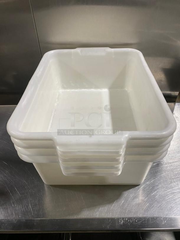 Commercial white rectangular food storage container with handles, stackable, durable plastic, clean condition.