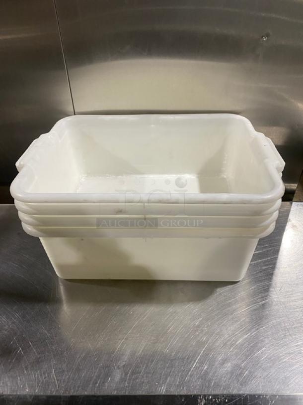 Commercial white rectangular food storage container with handles, shown stacked. Durable construction, good condition.