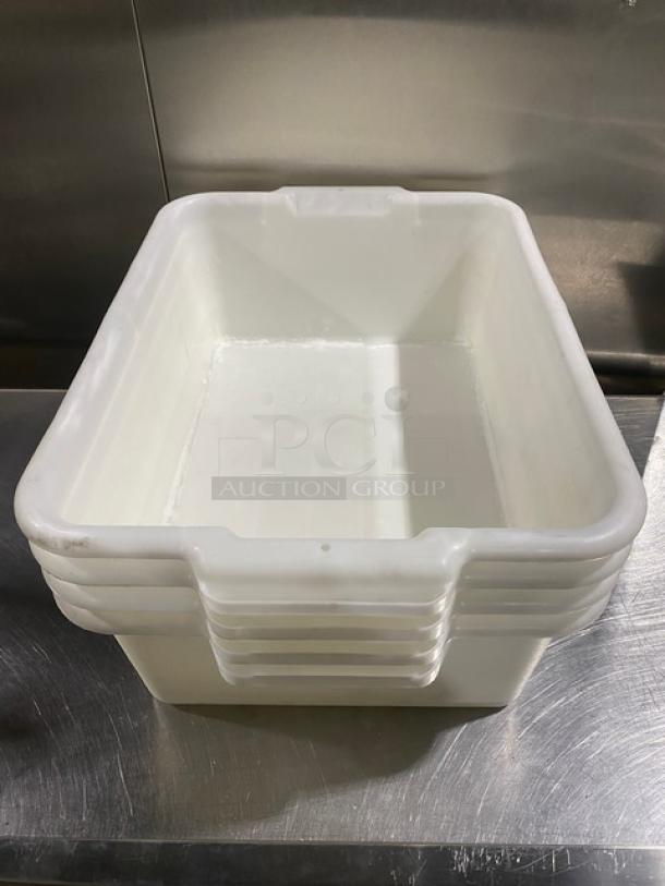 Commercial white rectangular food storage container, stackable with handles, durable plastic, like-new condition.