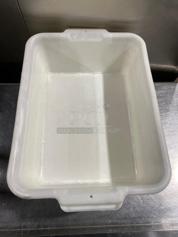 Commercial white rectangular food storage container with handles, durable plastic, pristine condition, ideal for bulk storage.