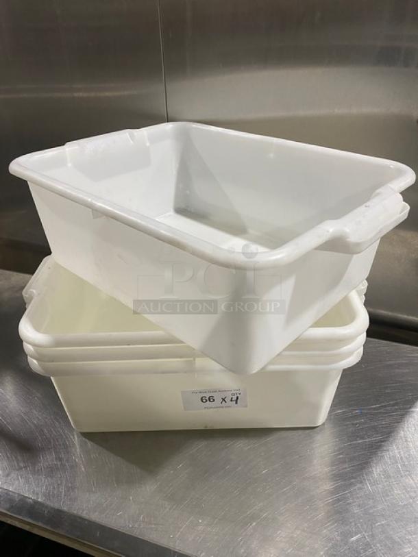 Commercial white rectangular food storage container with handles, stackable, shown in good condition.