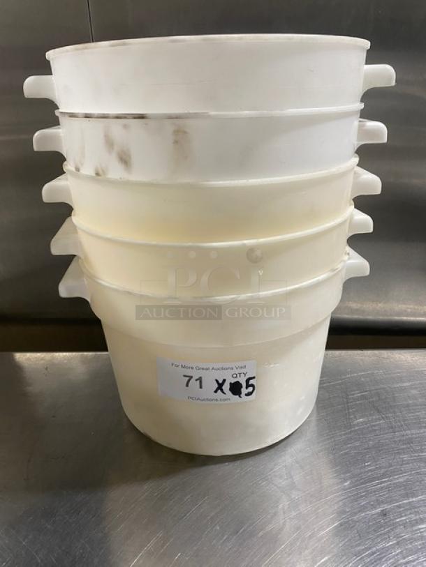 Stack of white round commercial food storage containers with handles. Visible wear and label indicating "71 X QTY 95."