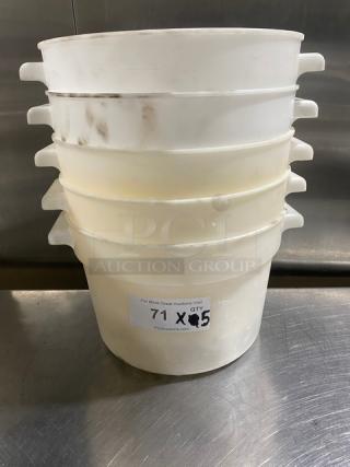 Stack of white round commercial food storage containers with handles. Visible wear and label indicating "71 X QTY 95."